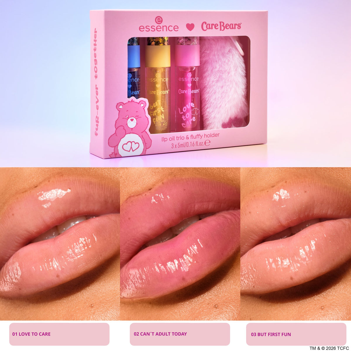 Essence x Care Bears Lip Oil Trio & Fluffy Holder Set