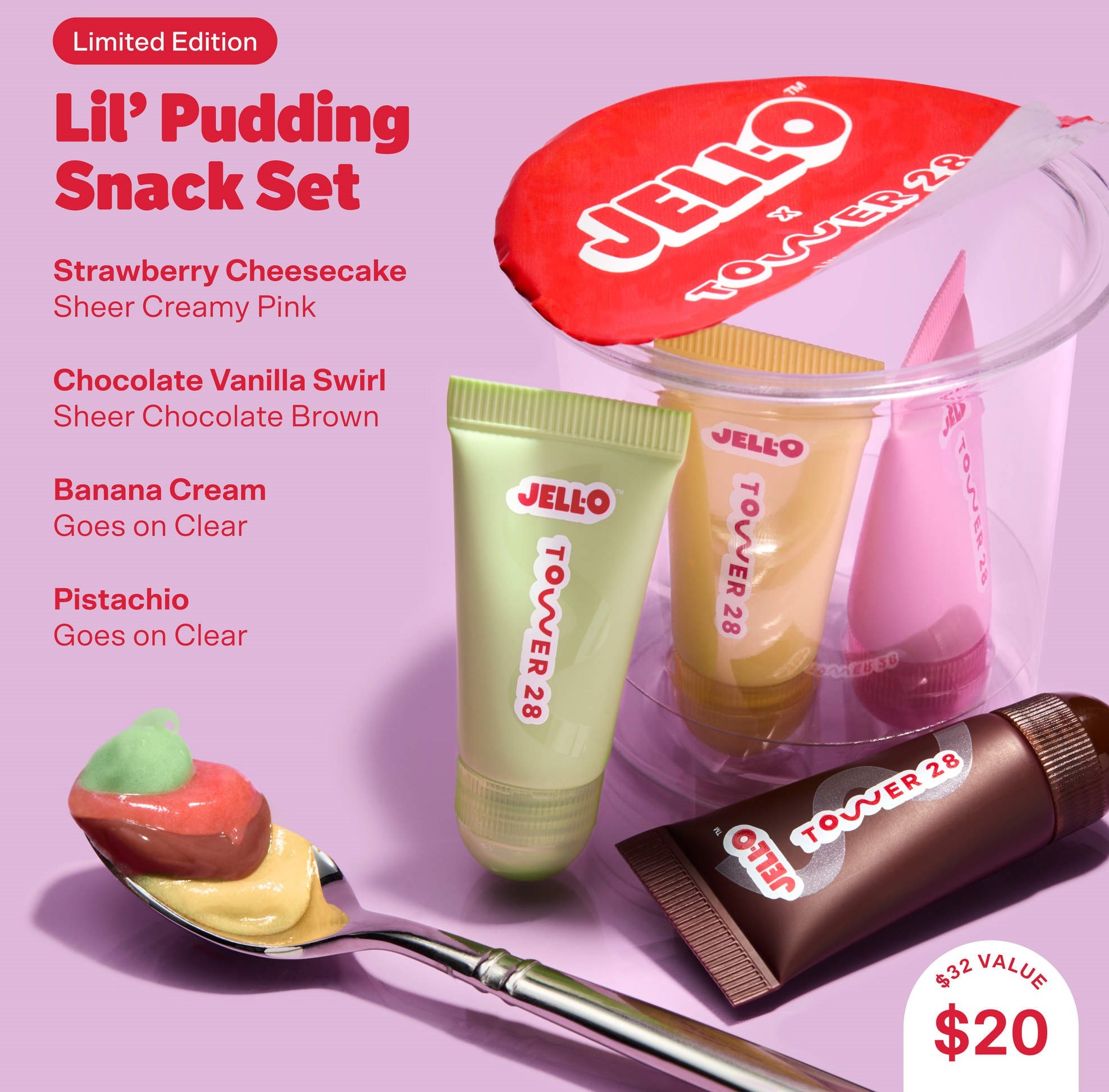 JELL-O™ X TOWER 28 Lil' Pudding Mini Lip Softie Gift Set $20
